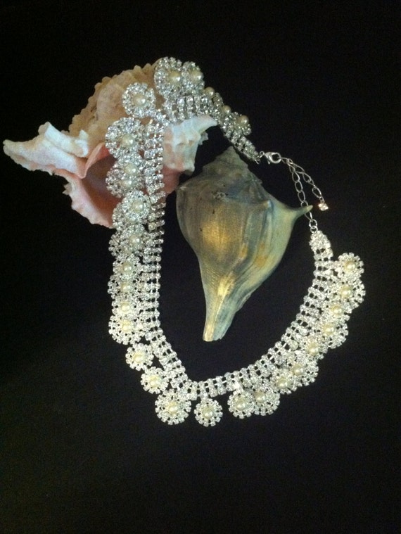 Crystal Rhinestone and White Faux Pearl Necklace … - image 2