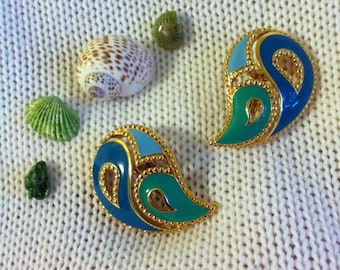 Blue Paisley Earrings Vintage Avon Aqua and Blue Abstract Paisley Shaped Clip On Earrings 1990's Gold and Blue Paisley Jewelry Gift for Her