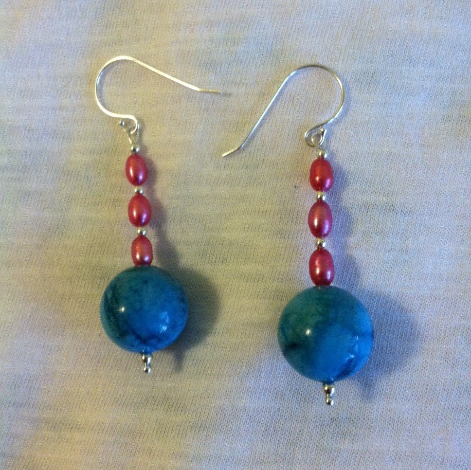 Aqua and Pink Earrings Crazy Lace Agate and Freshwater Pearl Handmade ...