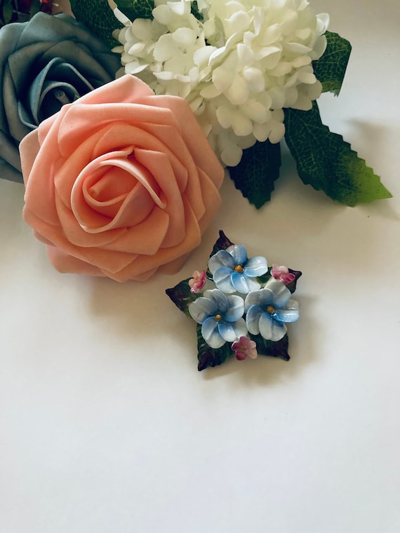 Aynsley Vintage Fine Porcelain Flower Brooch Made in England Bone China Blue Pink and Green Floral Pin
