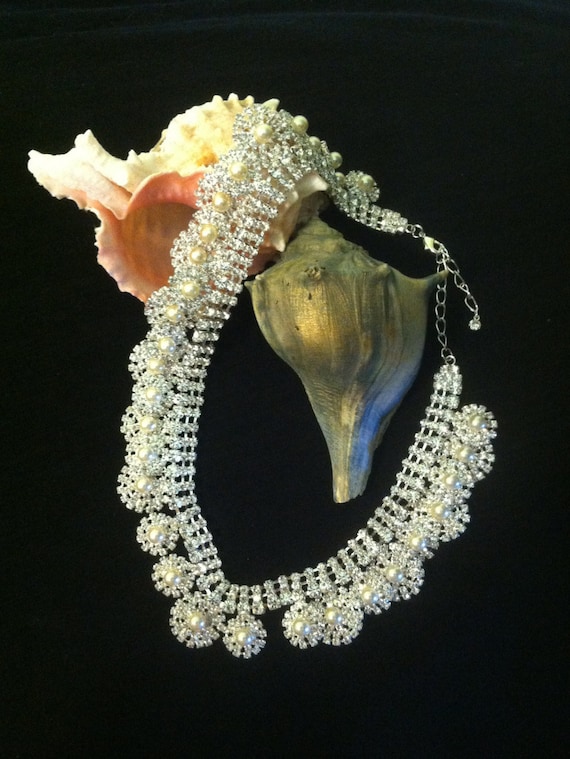 Crystal Rhinestone and White Faux Pearl Necklace … - image 1