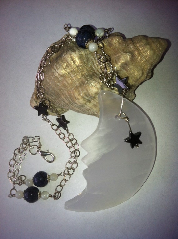 Moon Necklace Vintage White Quartz Blue Jasper and