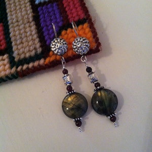 Labradorite Garnet Sterling Silver Earrings Modern Styled Handmade Jewelry Blue Green Maroon Coin Shaped Focal Beaded Fancy Floral Earrings