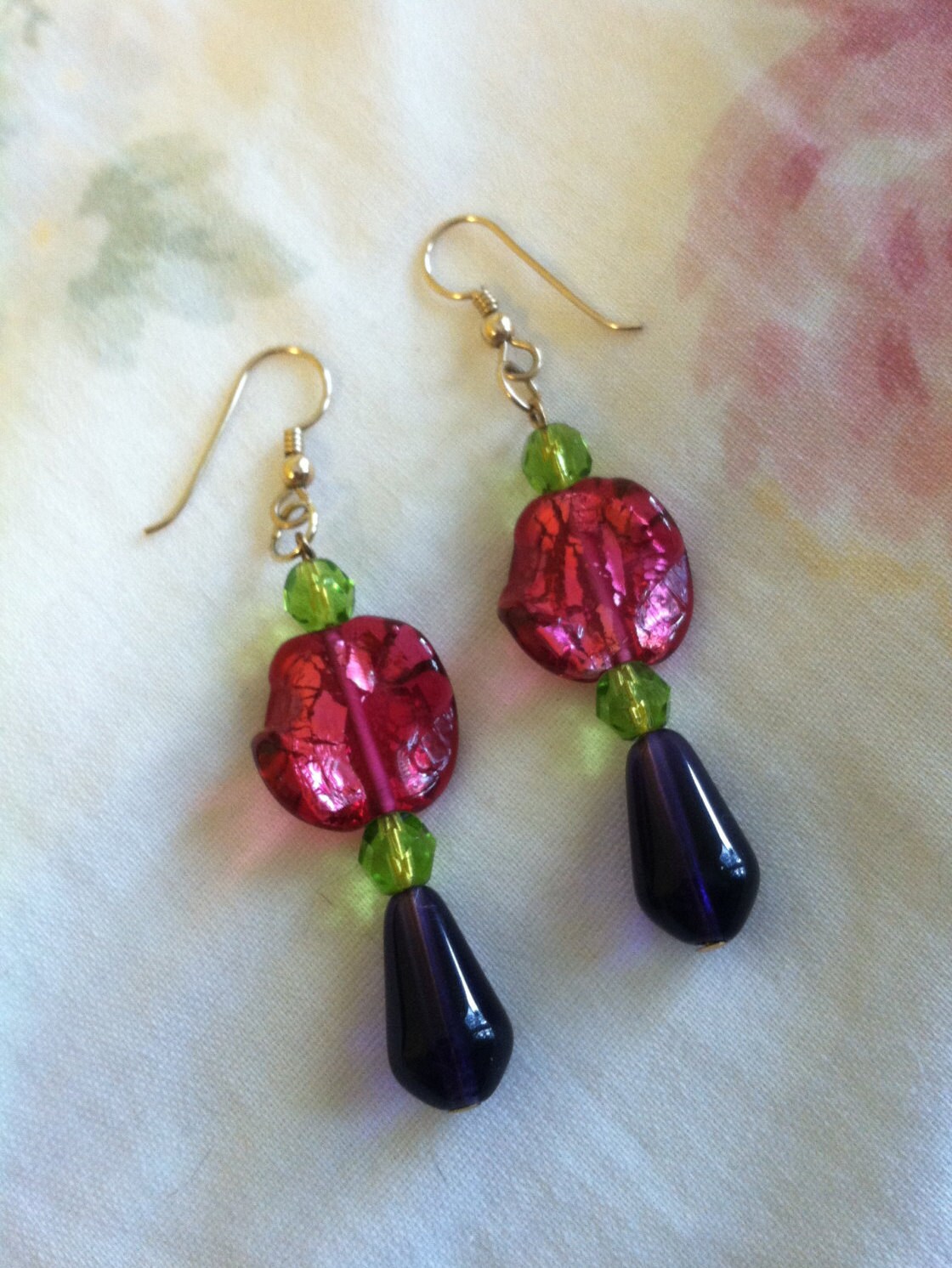 Pink Green and Purple Beaded Drop Earrings Handmade Gold Metal - Etsy