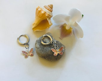 Pink Sterling Silver Butterfly Earrings With White Gold Filled Micro Pave CZ Huggies Hoops