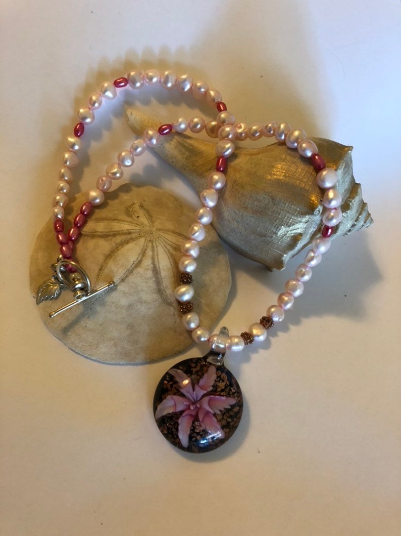 Sea Star Pink Flower Glass Pendant Necklace With Freshwater image 6