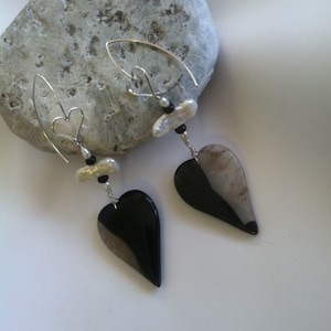 Black and White Heart Earrings Modern Artistic Agate and Quartz Gemstone Heart Focal Earrings Accented With Onyx Rondelles Stick Rice Pearls
