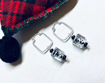 Murano Abstract Hoop Earrings Black and Clear Handmade Art Glass Cubes and Square Sterling Silver Hoops Geometric Elegant All Occasion Gift