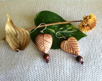 Leaf Heart Earrings Handmade Tan Carved Heart Shaped Leaf Earrings With Maroon Mookaite and Garnet Beads Boho Nature Themed Jewelry