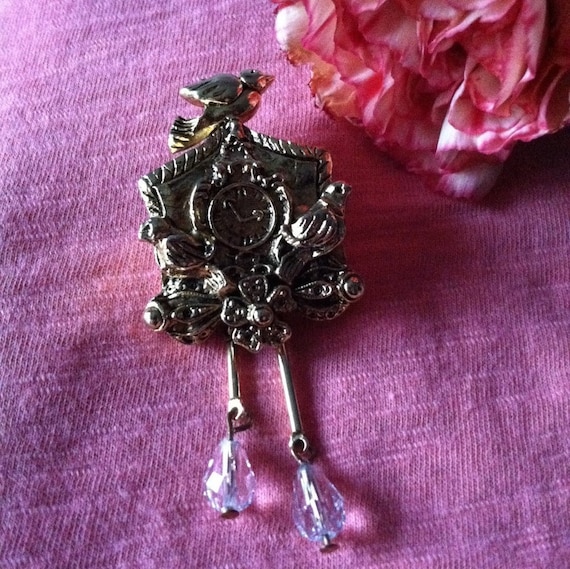 Birdhouse Pin Vintage Gold Birdhouse Brooch with Flowers Birds and Crystals