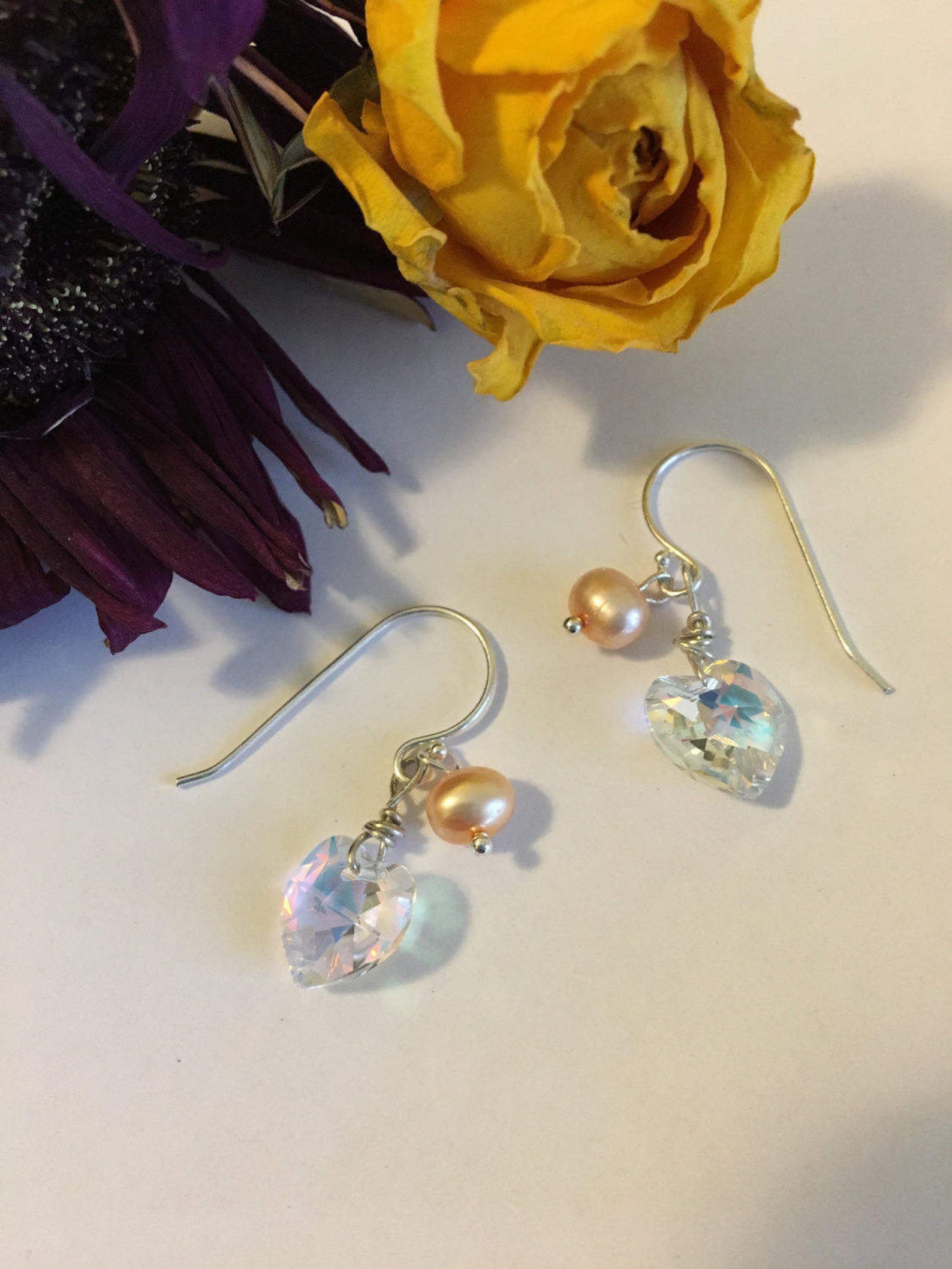 Peach Pearl and Crystal Heart Earrings Dainty Small Spring or - Etsy