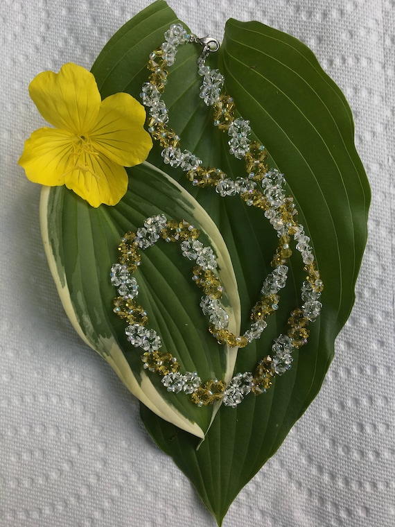 Sunflower Crystal Necklace Vintage Yellow and Whi… - image 1