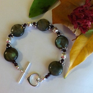 Labradorite and Garnet Bracelet Handmade Blue Green Maroon Sterling Silver Unique Beaded Bracelet Semi Precious Gemstone Fall Jewelry