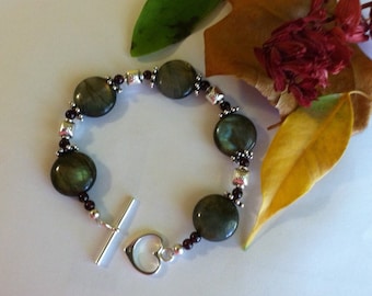 Labradorite and Garnet Bracelet Handmade Blue Green Maroon Sterling Silver Unique Beaded Bracelet Semi Precious Gemstone Fall Jewelry