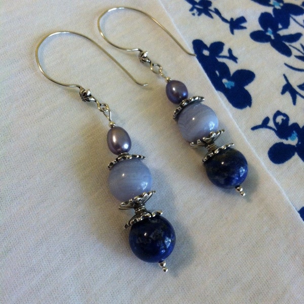 Blue Fancy Drop Earrings Lapis Lazuli Blue Lace Agate Pearl and Sterling Silver Handmade Earrings Shades of Blue Hues Jewelry