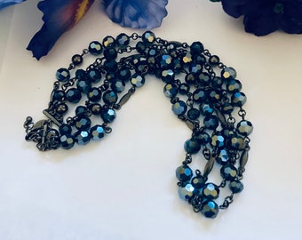 Black Aurora Borealis Beaded Necklace Vintage Triple Strand Iridescent Crystals With Gun Metal Chain Classic Mid Century Style Jewelry Gift