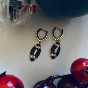 Football Earrings 18K Gold Filled Enamel CZ Crystal Sports Theme Geometric V Huggies Football Shaped Hoops image 3