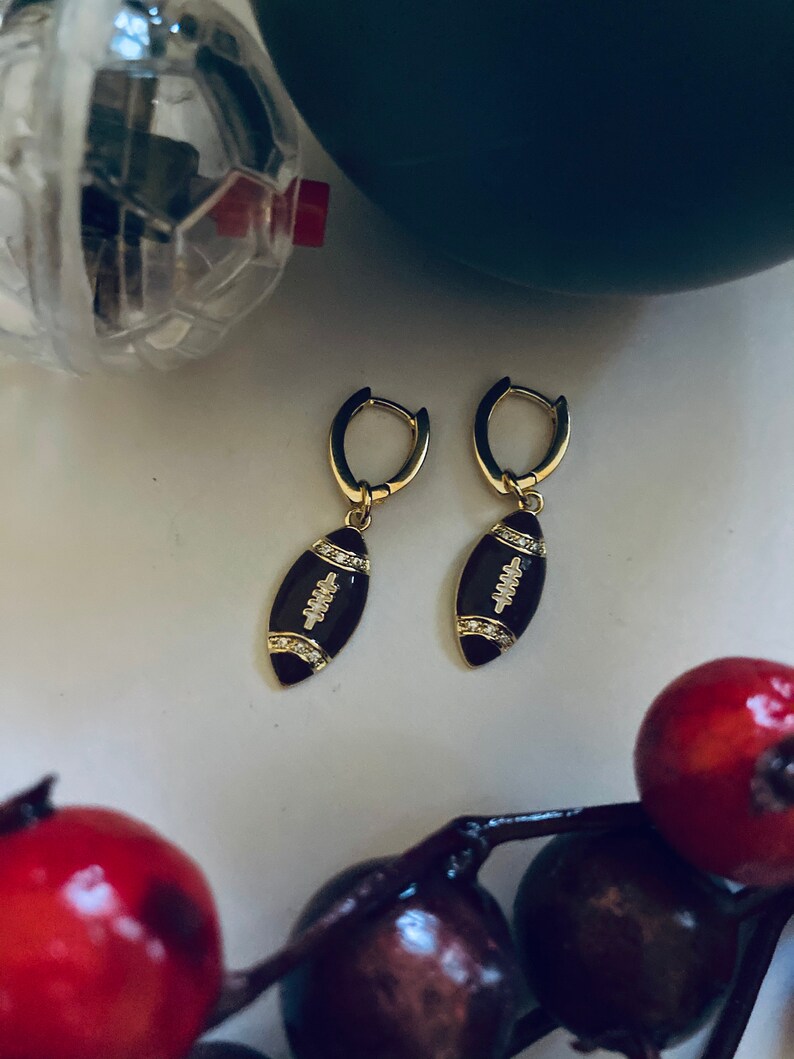 Football Earrings 18K Gold Filled Enamel CZ Crystal Sports Theme Geometric V Huggies Football Shaped Hoops image 3