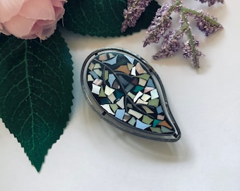 Mother of Pearl and Sterling Silver Mosaic Leaf Brooch Multi Colored Vintage or Antique Reuven Pin Made in Israel Stamped Artisan Handmade