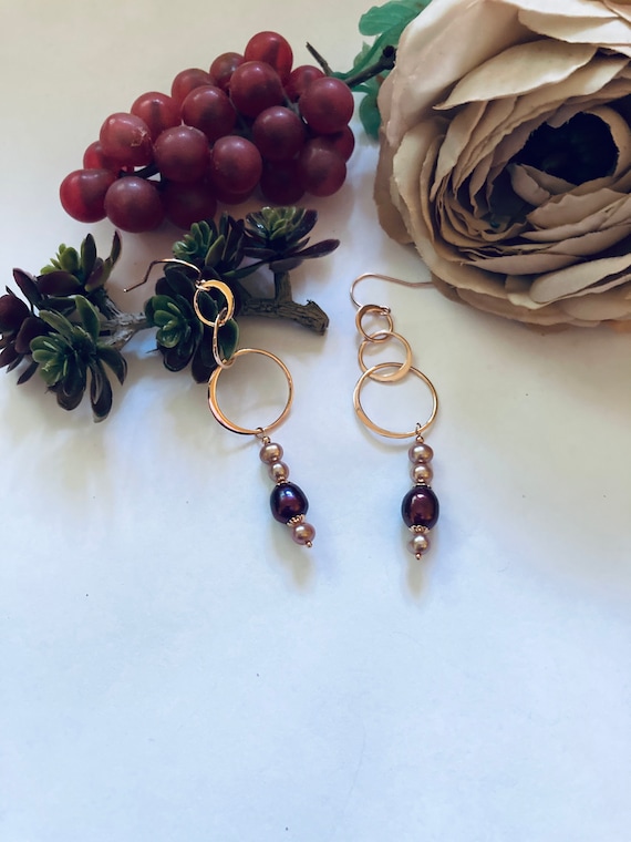 Rose Gold Circle of Life Earrings With Maroon and Mauve Pearls Modern Geometric Jewelry 14K to 18K Rose Gold Filled and Plated