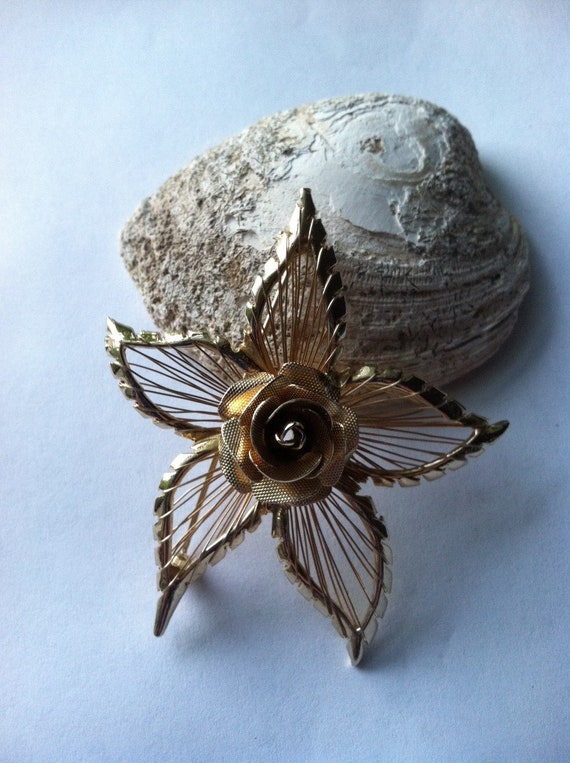 Gold Flower Pin Rose Brooch Spring Flower Jewelry 