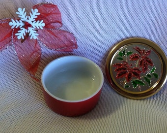 Vide-poches poinsettia vintage rouge et or bol avec couvercle en céramique Noël Chokin Jamestown Chine vacances bijoux cadeau conteneur décoration d'intérieur