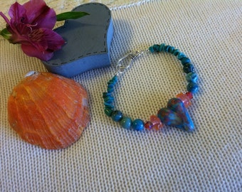 Peach and Aqua Heart Bracelet With Handmade Polymer Clay Heart Peach Glass Lamp Work Rondelles Turquoise Nuggets Aqua Crazy Lace Agate Beads