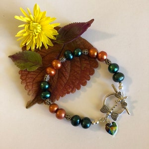 Autumn Dragonfly Bracelet Fall Hunter Green and Orange Pearl Jewelry Thanksgiving Gift Handmade Beaded Bracelet With Sterling Silver Accents image 5