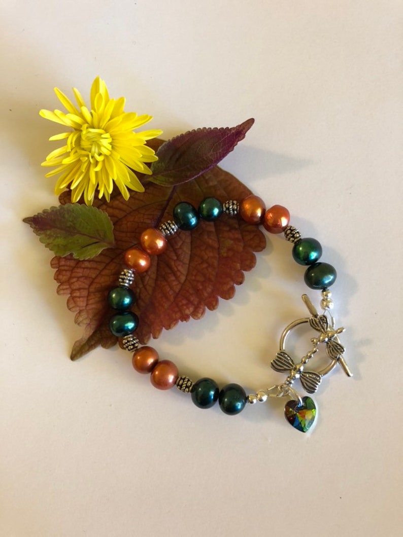 Autumn Dragonfly Bracelet Fall Hunter Green and Orange Pearl Jewelry Thanksgiving Gift Handmade Beaded Bracelet With Sterling Silver Accents image 5