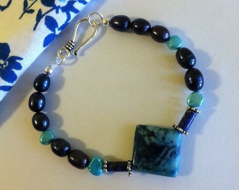 Aqua and Blue Pearl Bracelet Crazy Lace Agate Sterling Silver Geometric Jewelry