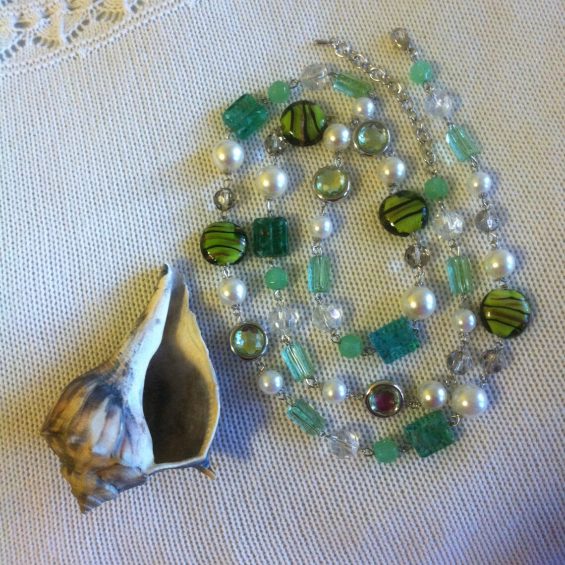 Green Lamp Work Glass and White Pearl Necklace Vintage Beaded | Etsy