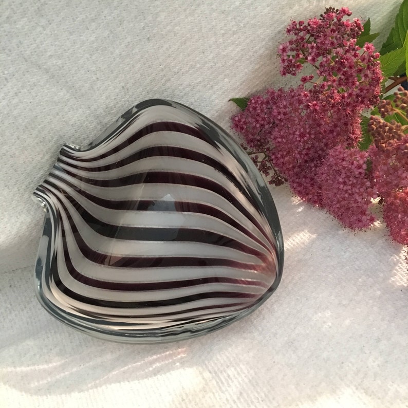 Murano Art Glass Candy Dish Purple and White Striped Handmade Bowl Collectible Heart or Spade