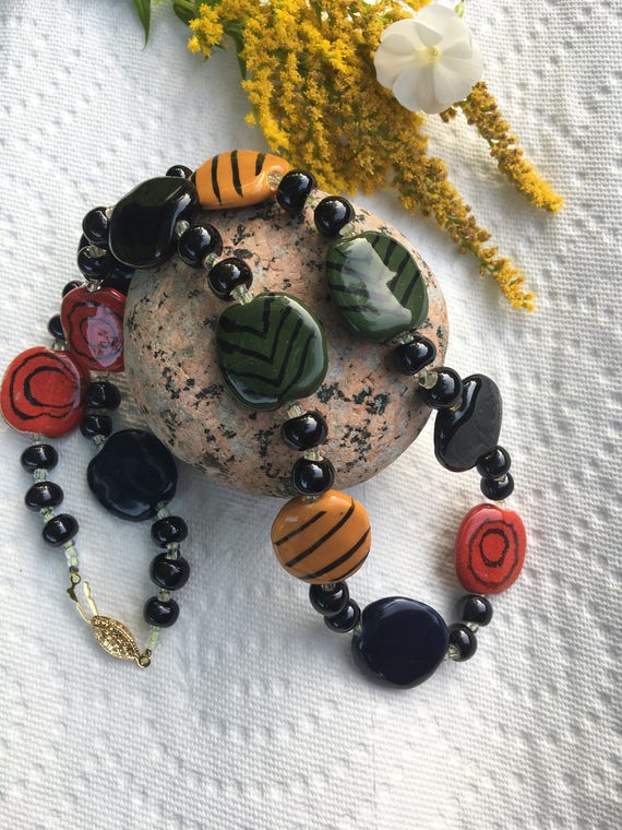 Bohemian Ceramic Necklace Vintage Red Yellow Green