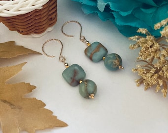 Aqua Terra Jasper and Gold Earrings Light Aqua and Tan Gemstones Accented in Gold Vermeil Summer Sea and Sand Colors Fall Jewelry Gift