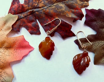 Carnelian Carved Leaf Earrings Red and Orange Gemstone Gold Plated Fall Leaf Jewelry