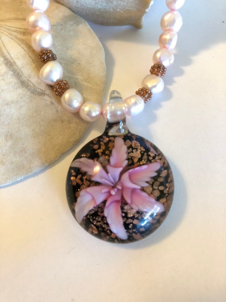 Sea Star Pink Flower Glass Pendant Necklace With Freshwater image 7