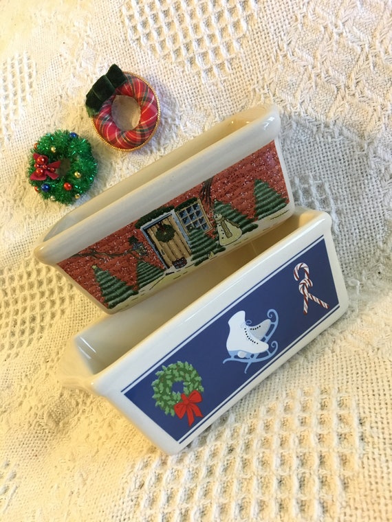 Christmas Mini Loaf Pans Vintage Nantucket Ceramic Stoneware Bread Cake  Pastry Baking Dishes With Winter Scenes Set of 2 Home Trees Wreath 