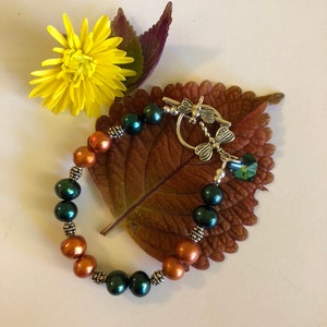 Autumn Dragonfly Bracelet Fall Hunter Green and Orange Pearl Jewelry Thanksgiving Gift Handmade Beaded Bracelet With Sterling Silver Accents image 3