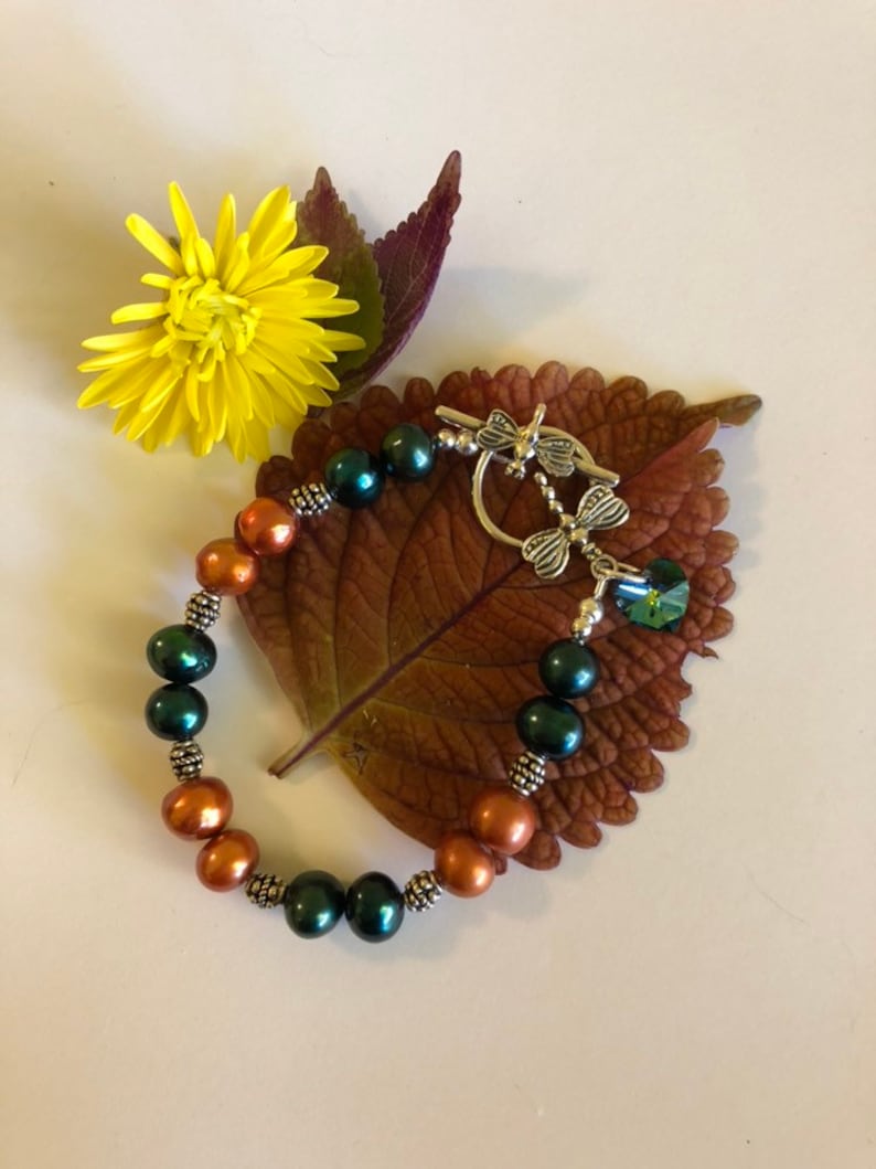 Autumn Dragonfly Bracelet Fall Hunter Green and Orange Pearl Jewelry Thanksgiving Gift Handmade Beaded Bracelet With Sterling Silver Accents image 3