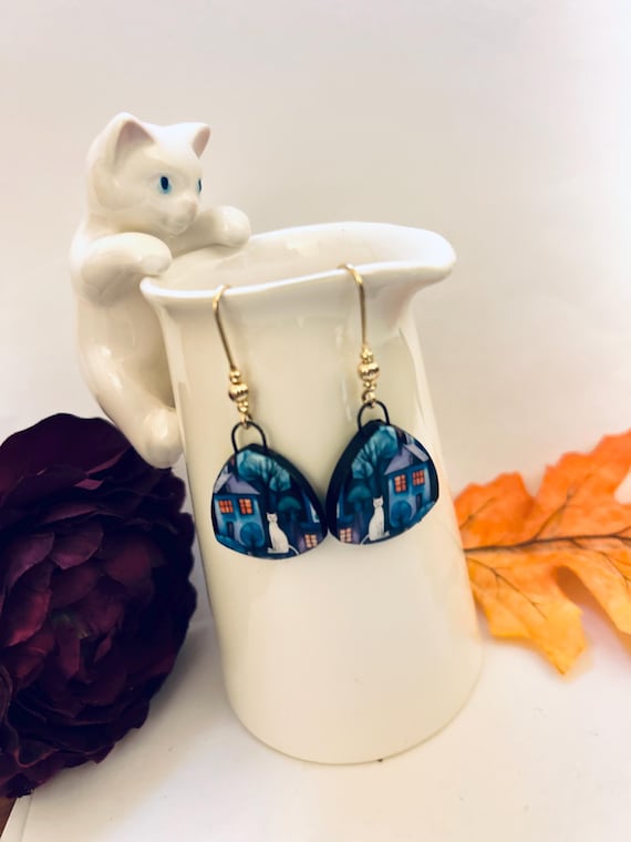 Cat Landscape Earrings Fall Artisan Handmade Ceramic Jewelry Halloween Gift Autumn Colors Fun Cute Kitty With House Theme Christmas Gift