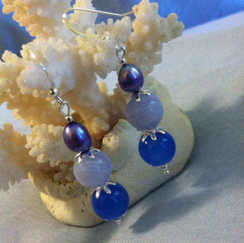 Blue Gemstone Earrings Royal Blue and Blue Lace Agate Accented With Blue Pearls and Sterling Silver Star Shaped Spacer Beads Handmade image 3