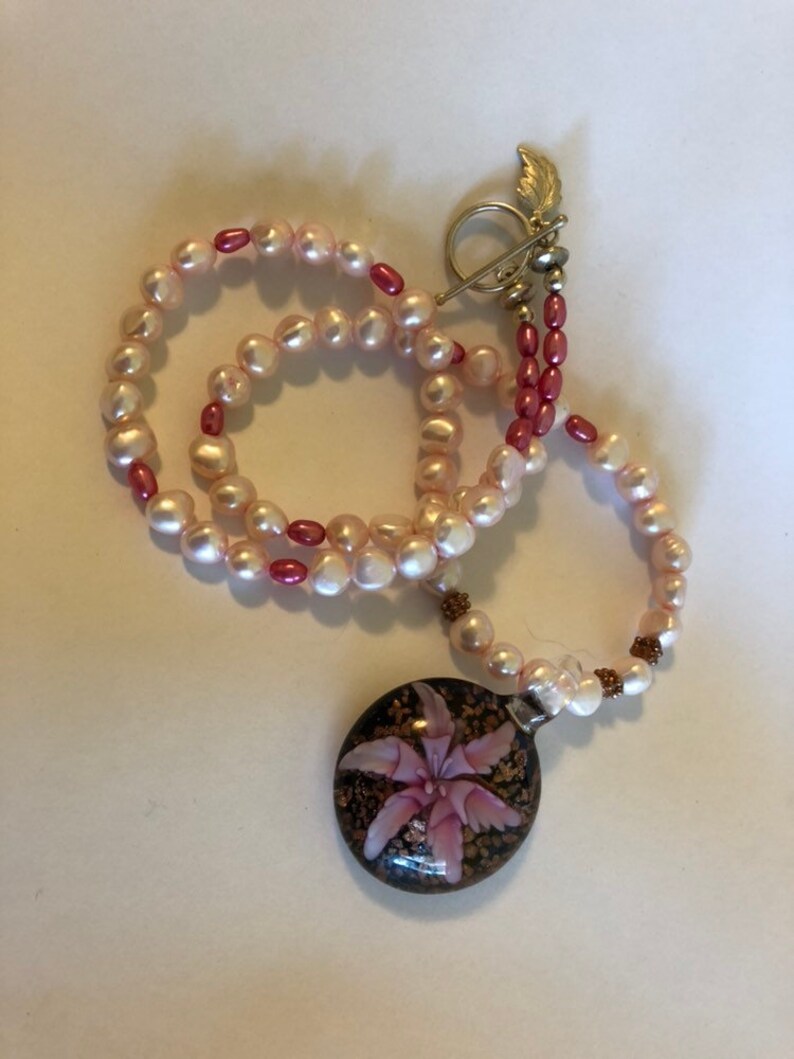 Sea Star Pink Flower Glass Pendant Necklace With Freshwater image 9