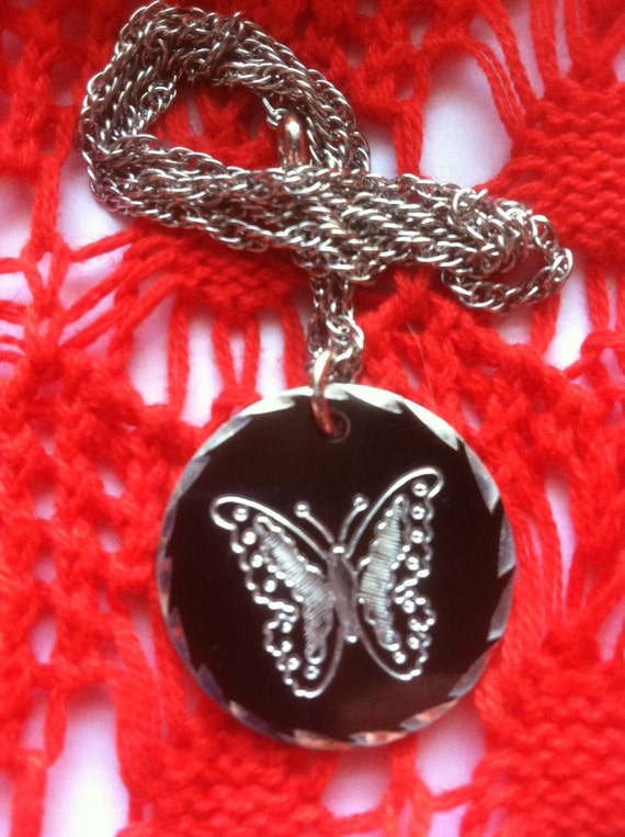 Butterfly Necklace Vintage Silver and Pewter Butt… - image 2