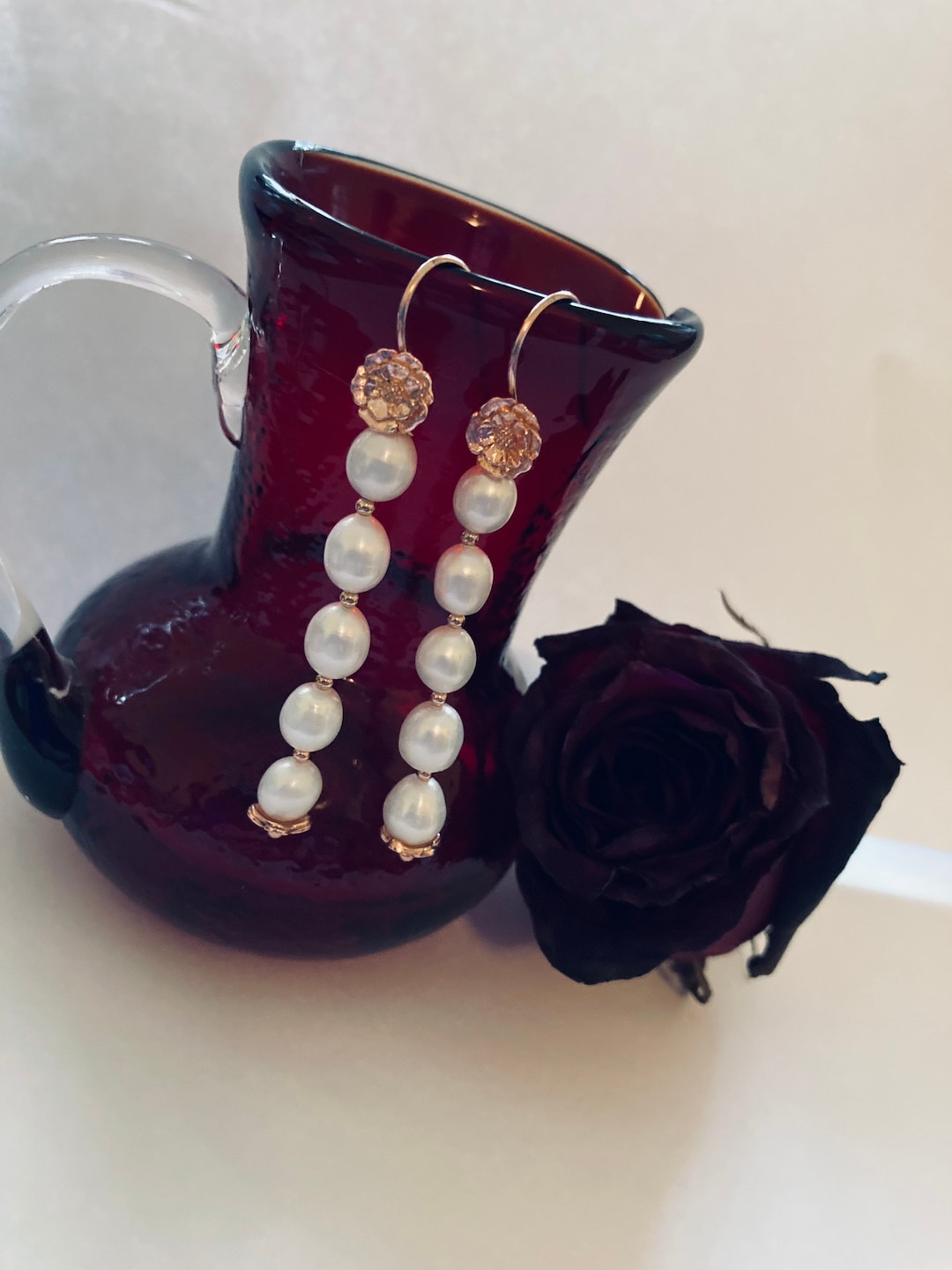 Rose Gold Floral Pearl Earrings White Freshwater Pearls With 18K Rose Gold Flower Accents