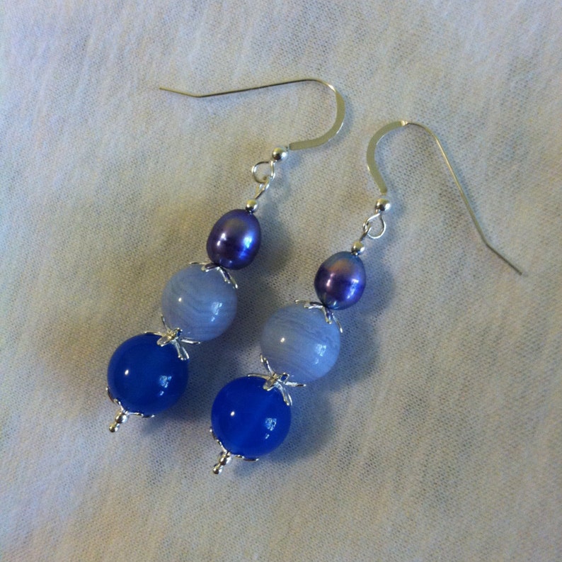 Blue Gemstone Earrings Royal Blue and Blue Lace Agate Accented With Blue Pearls and Sterling Silver Star Shaped Spacer Beads Handmade image 4