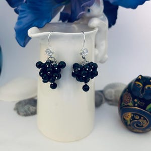 Black Spinel Faceted Gemstone Crystal Sterling Silver Cluster Earrings Elegant Evening Wedding Jewelry