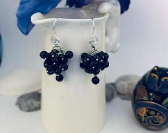 Black Spinel Faceted Gemstone Crystal Sterling Silver Cluster Earrings Elegant Evening Wedding Jewelry