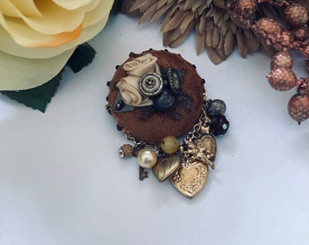 Gold and Brown Velvet Victorian Style Brooch with Chain Gold Hearts Cupid Key and Tiny Bead Decor Accented With Roses and Buttons