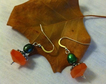 Pumpkin Earrings Orange Carnelian and Green Pearl Fall Pumpkin Theme Earrings Hand Made Sterling Silver Autumn Jewelry Cute Gift For Her