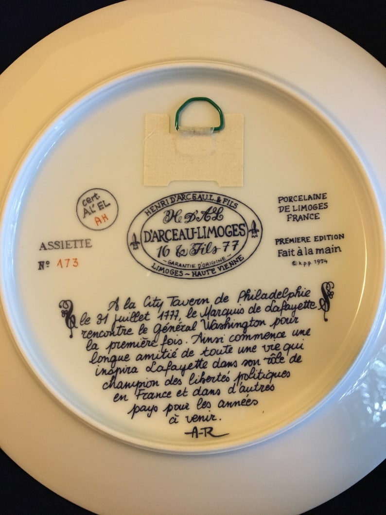 D'arceau Limoges Collector Plate Washington and Lafayette City Tavern of Philadelphia 1777 1ST